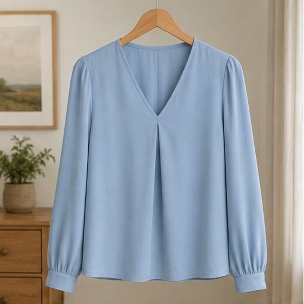 Powder Blue Crepe V Neck Blouse